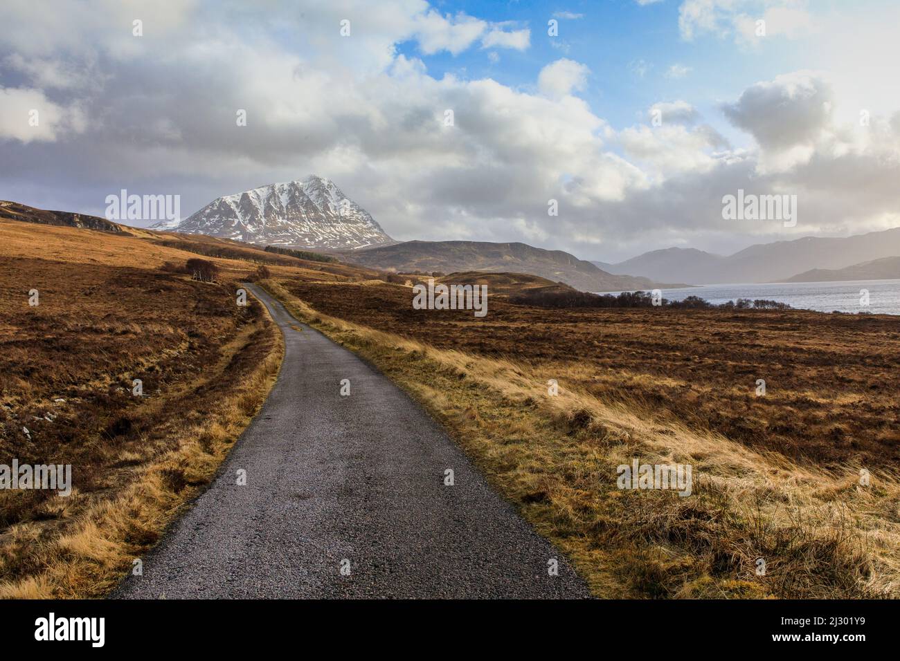 single track country road through moorland to Ben Hope, Sutherland, Scotland UK Stock Photo