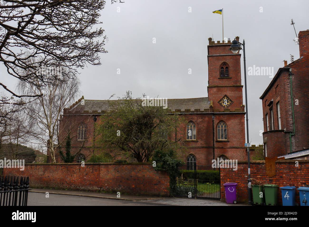 All Saints Parish Church, Towerlands, Edge Hill / Church flying Ukrainian Flag Stock Photo