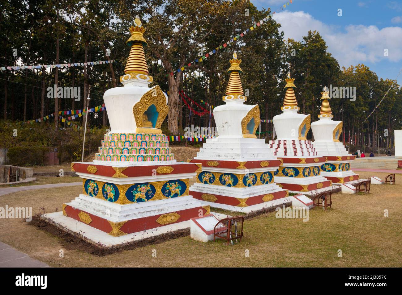 India, Dehradun. Four Stupas on Grounds of the Buddhist Temple of