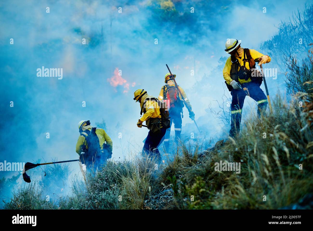 Combating the flames. Shot of fire fighters combating a wild fire. Stock Photo