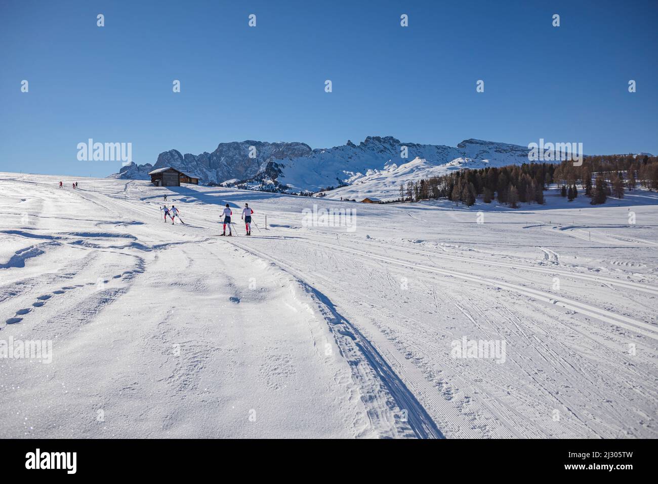 Ski trails on the plateau near Seiser Alm and Ortisei in Gröden aka Val Gardena, Autonomous Province of Bolzano - South Tyrol, Italy Stock Photo