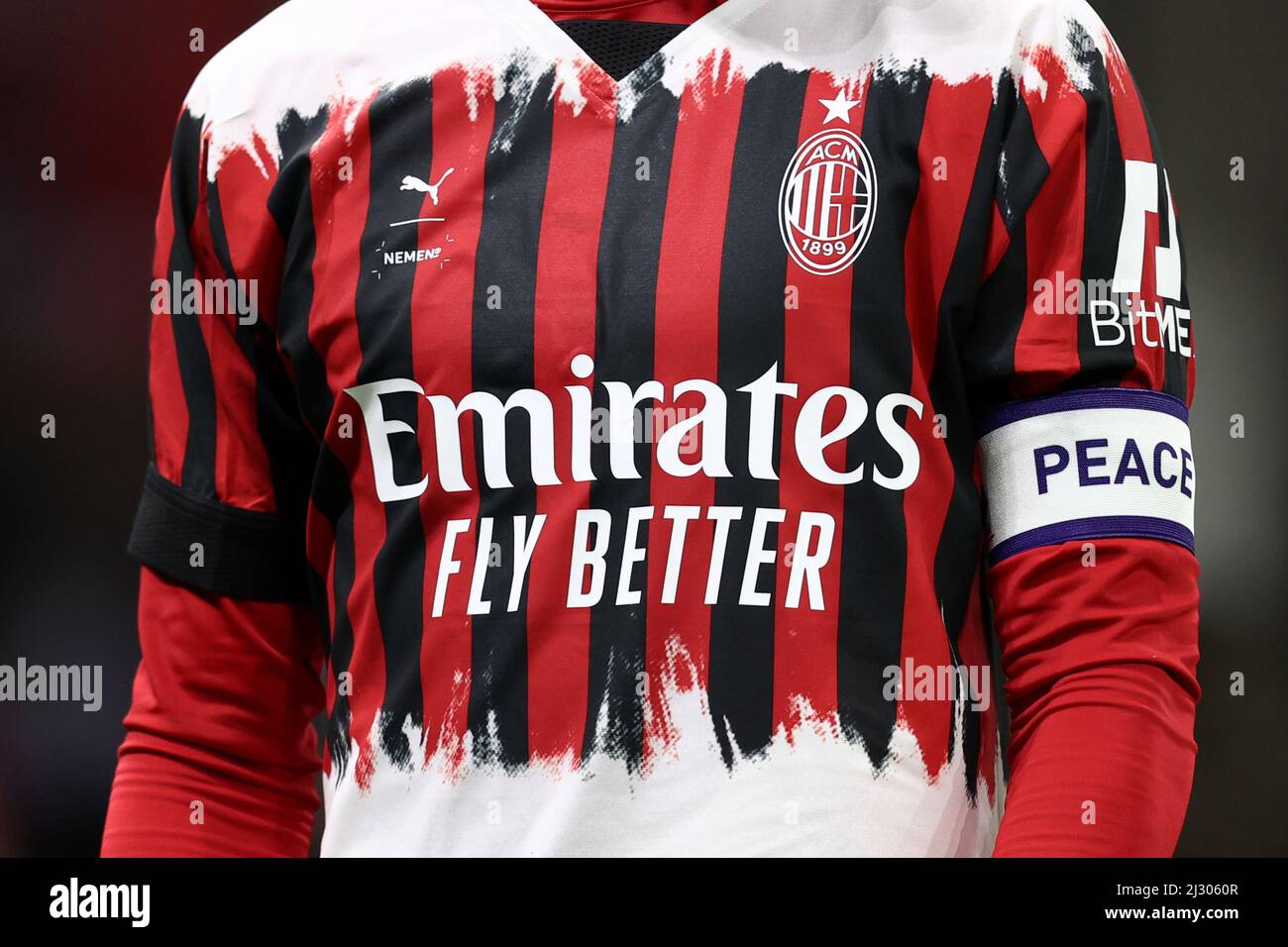 Detail of the new AC Milan jersey during the italian soccer Serie A match  AC Milan vs Bologna FC on April 04, 2022 at the San Siro stadium in Milan,  Italy (Photo