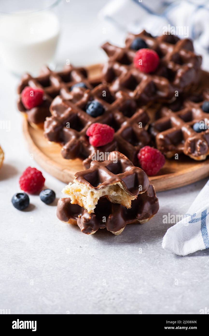Whole and pieces chocolate waffles, glass of milk on a gray background. Stock Photo
