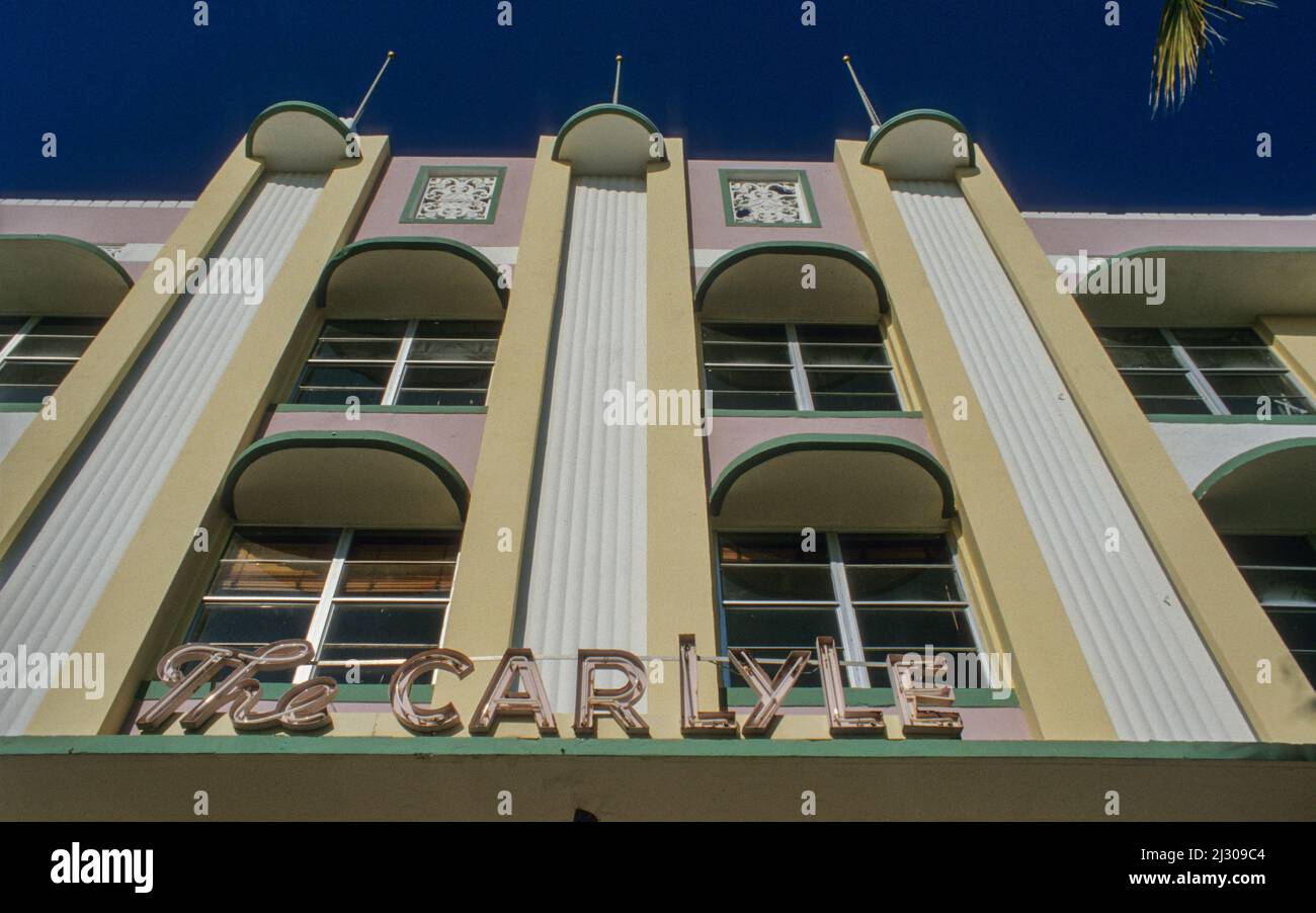 The impressive art deco front of the historic Carlyle Hotel at Ocean Drive in Miami Beach. Stock Photo