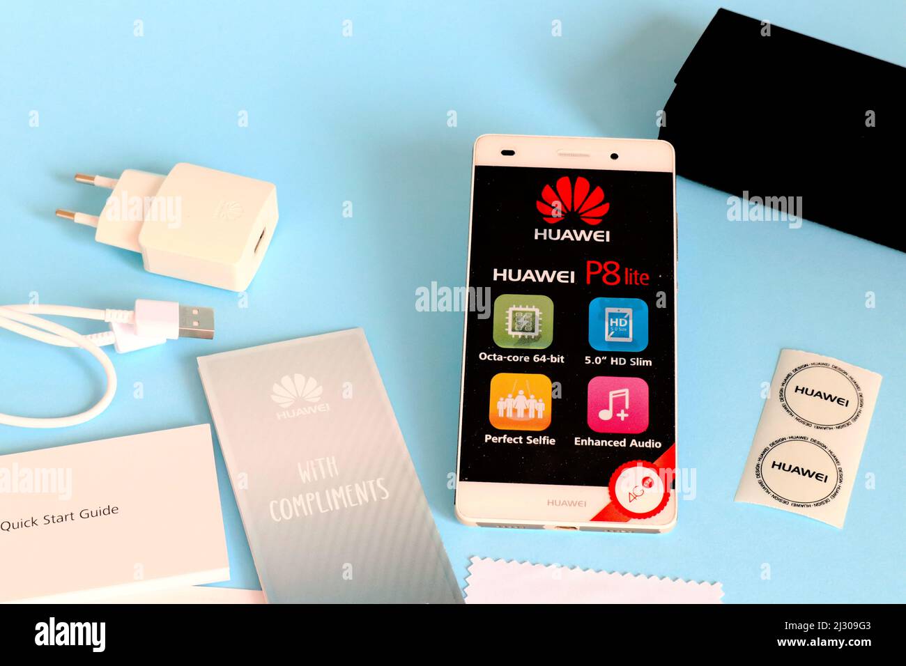 Smartphone Huawei P8 lite, first version released in april 2015. Huawei  Tecnologies Co. Ltd. Made in China Stock Photo - Alamy