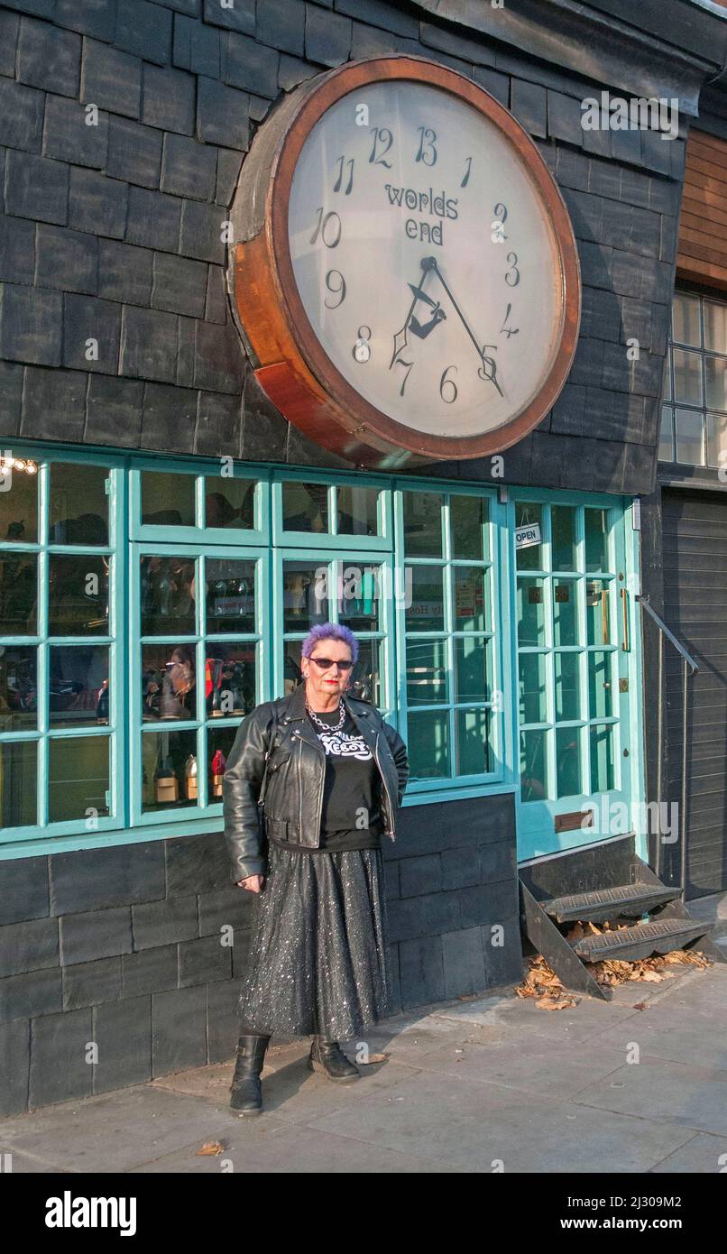 Pamela Rooke, who became an icon of the British punk rock scene under the name Jordan, who has died aged 66. Jordan is pictured outside the Vivienne Westwood shop in Worlds End, Chelsea, London in November 2016. A punk rock fashion icon, she famously worked in Vivienne Westwood and Malcolm McLaren’s shop named “Sex” at the height of punk back in the 70’s. Stock Photo