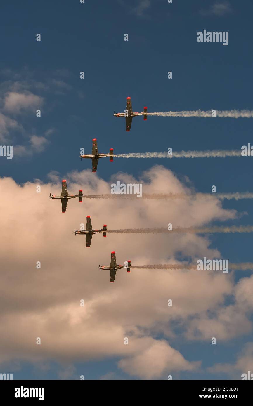 Gdynia, Poland - August 21, 2021: Flight of planes of the Polish air force Orlik aerobatic team at the Aero Baltic show in Gdynia, Poland. Stock Photo