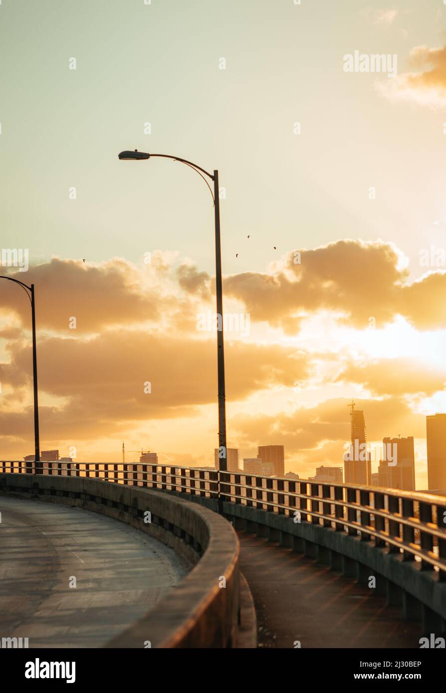 A vertical shot of a sidewalk with street lights during a beautiful ...