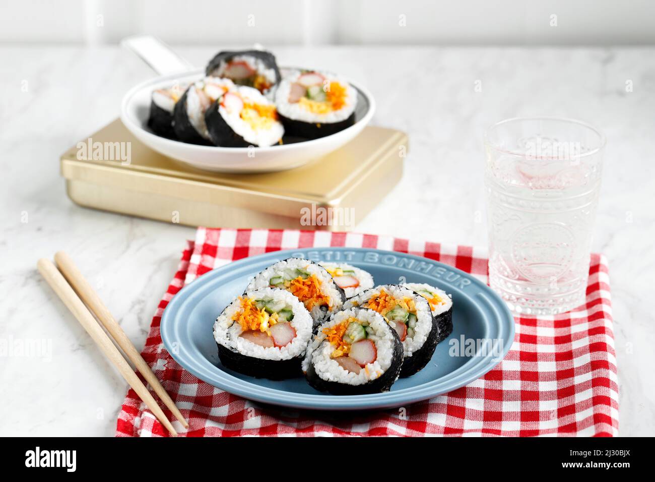 Korean Roll Gimbap (Kimbob or Kimbap) made from Steamed White Rice (Bap