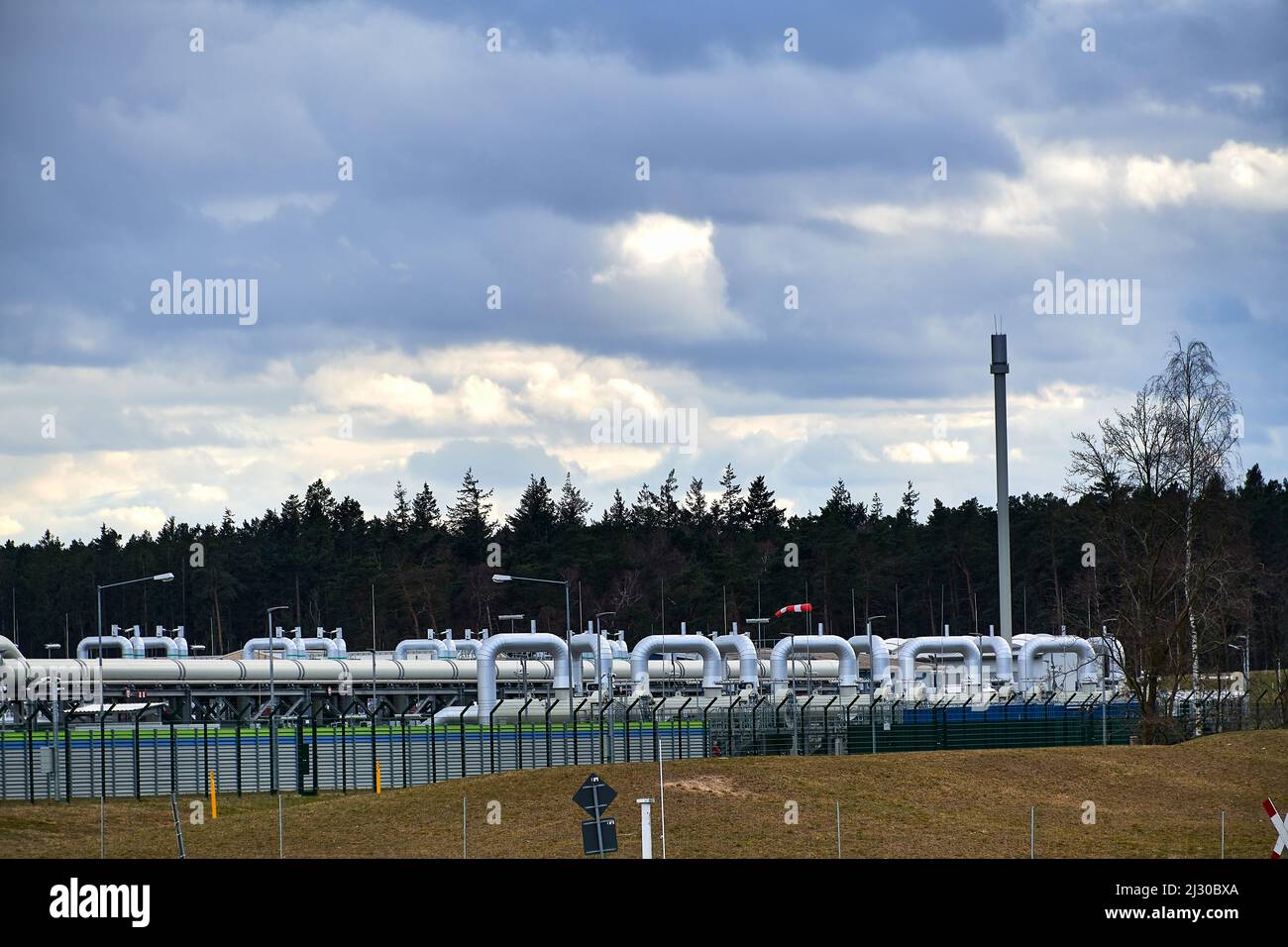 Lubmin, Mecklenburg-West Pomerania / Germany - April-3-2022: Gas pipes, connections, equipment and pressure reducers at the site of Gazprom's Nord Str Stock Photo