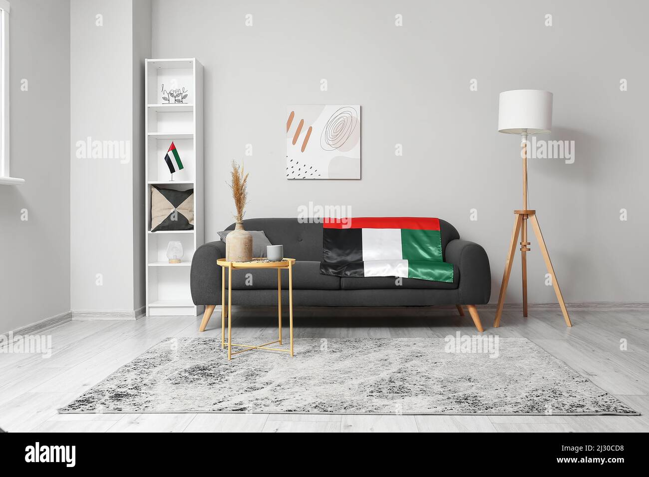 Interior of light living room with black sofa, shelving unit and UAE