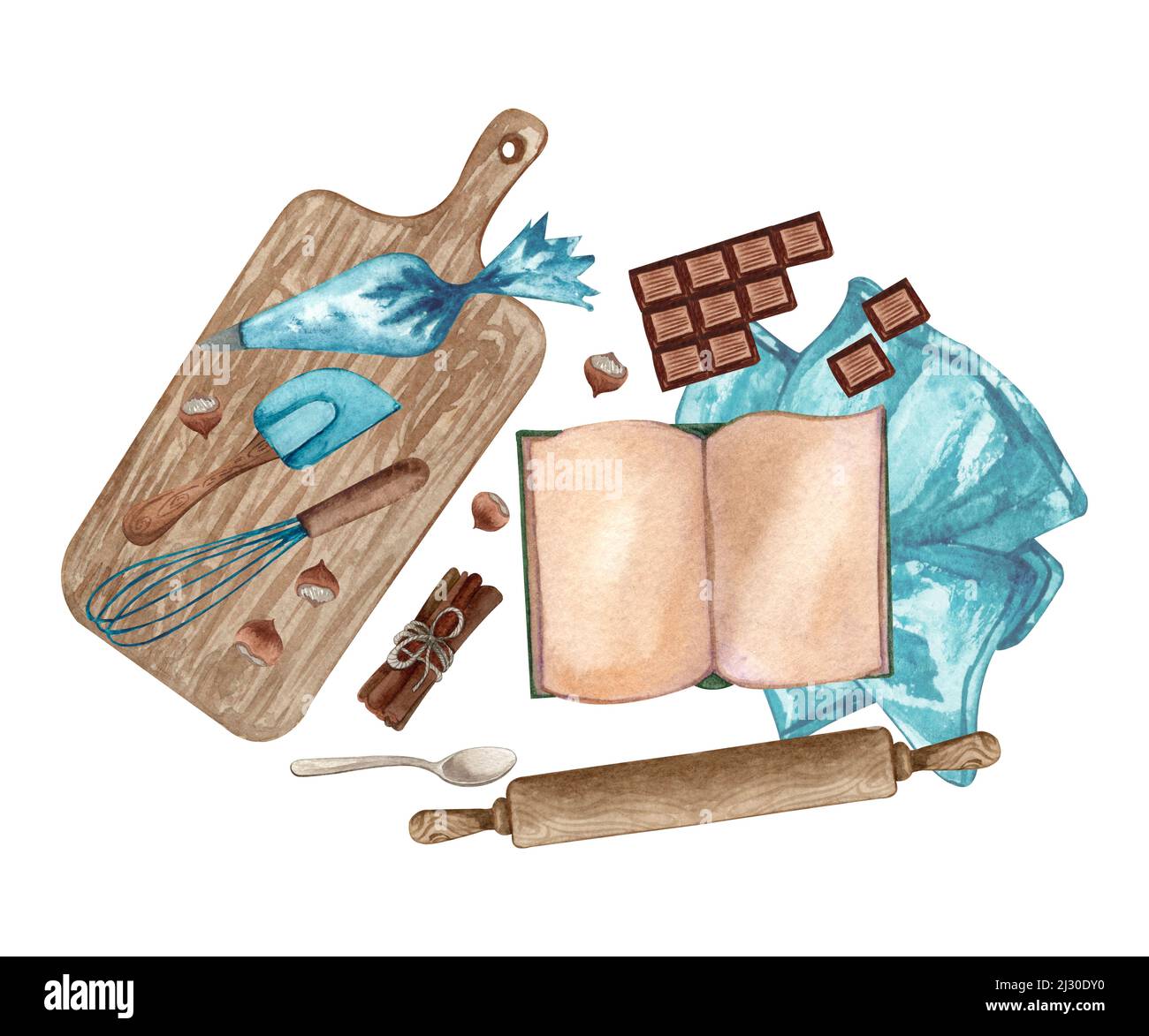 Baking watercolor illustration with kitchen utensils, chopping board, spoon, rolling pin, chocolate bar, whisk, nuts, recepie book on white background Stock Photo