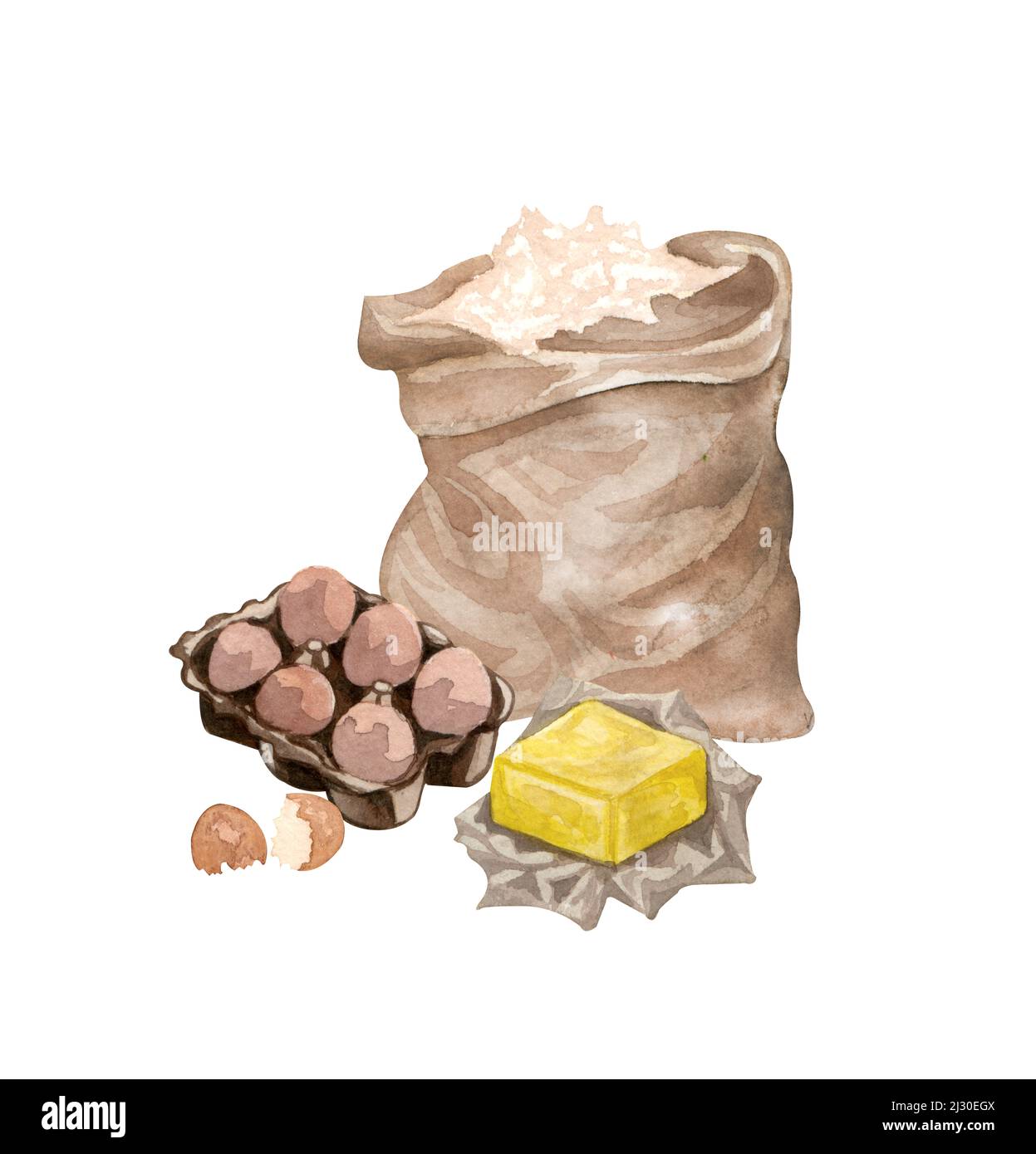 Baking watercolor illustration with kitchen utensils, butter, flour bag, eggs on white background. Top view. Hand drawn Cooking clip art. Baking Stock Photo