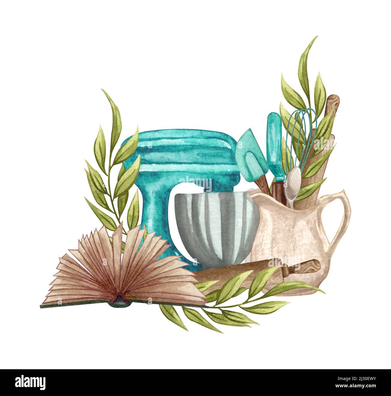 Baking watercolor illustration with kitchen utensils, blue mixer, recepies book on white background. Baking logo. Stock Photo