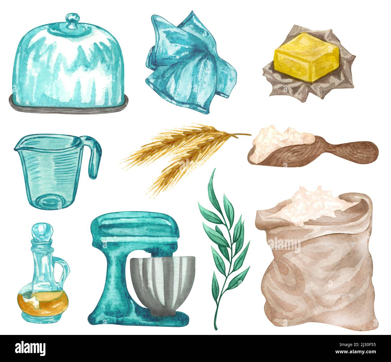 Baking watercolor set with kitchen utensils, wheat, butter, vanilla