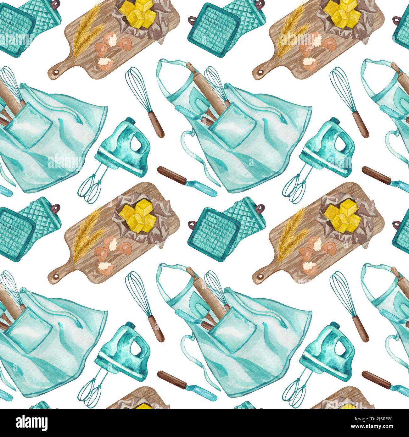 baking watercolor seamless pattern with kitchen utensils on white background. Hand drawn illustration Stock Photo