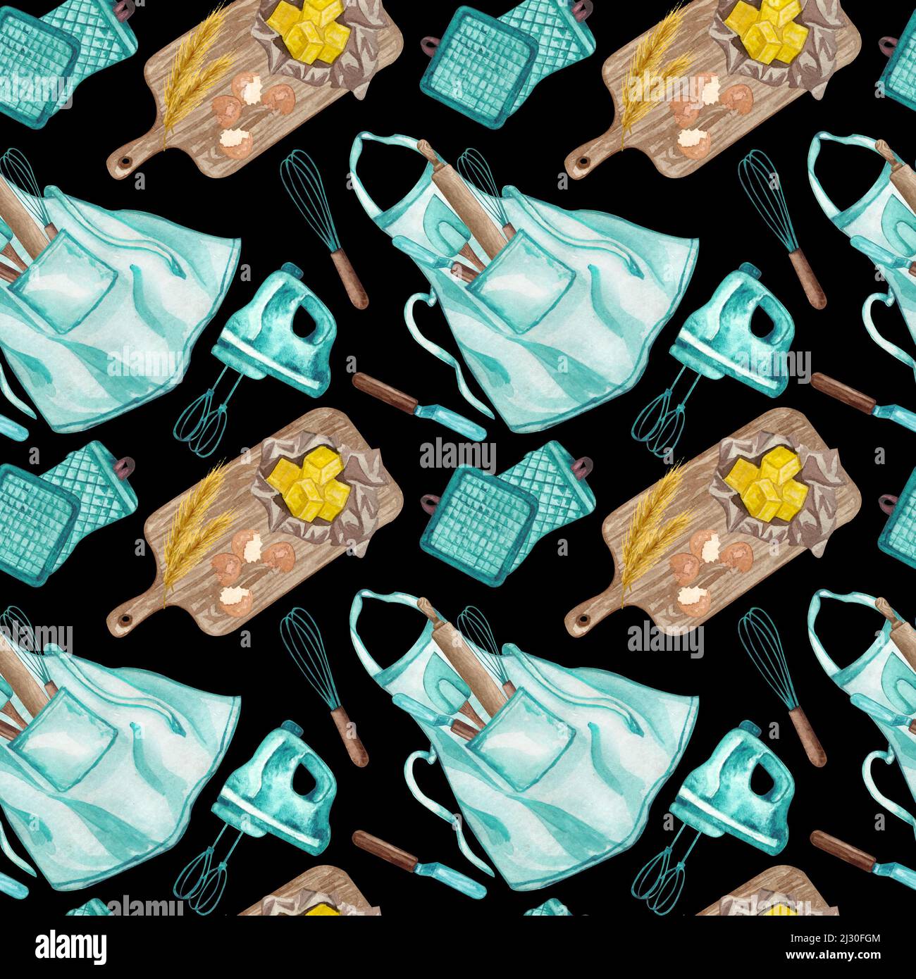baking watercolor seamless pattern with kitchen utensils on white ...