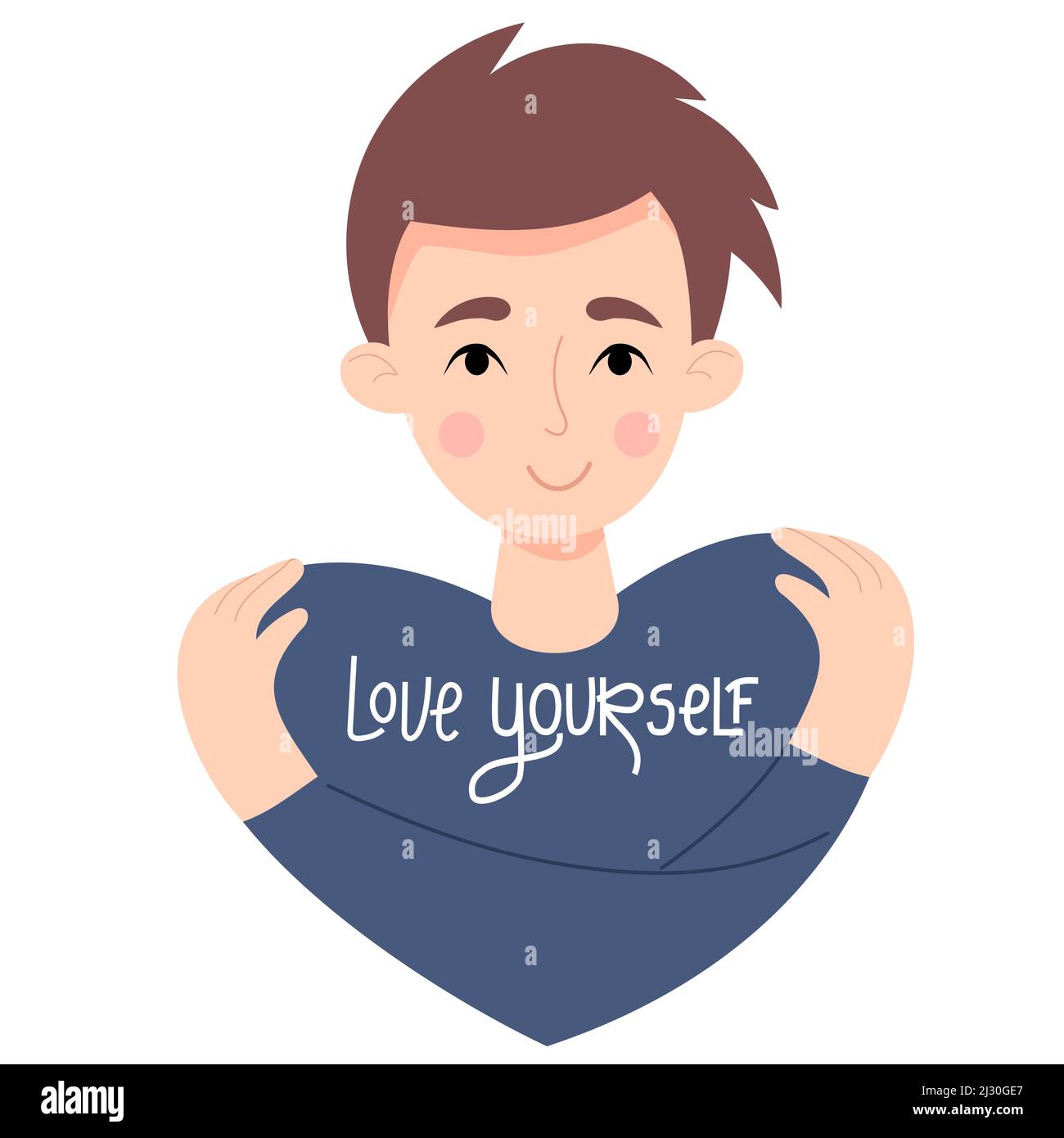 Love yourself. handsome young guy with haircut hugs himself. Concept