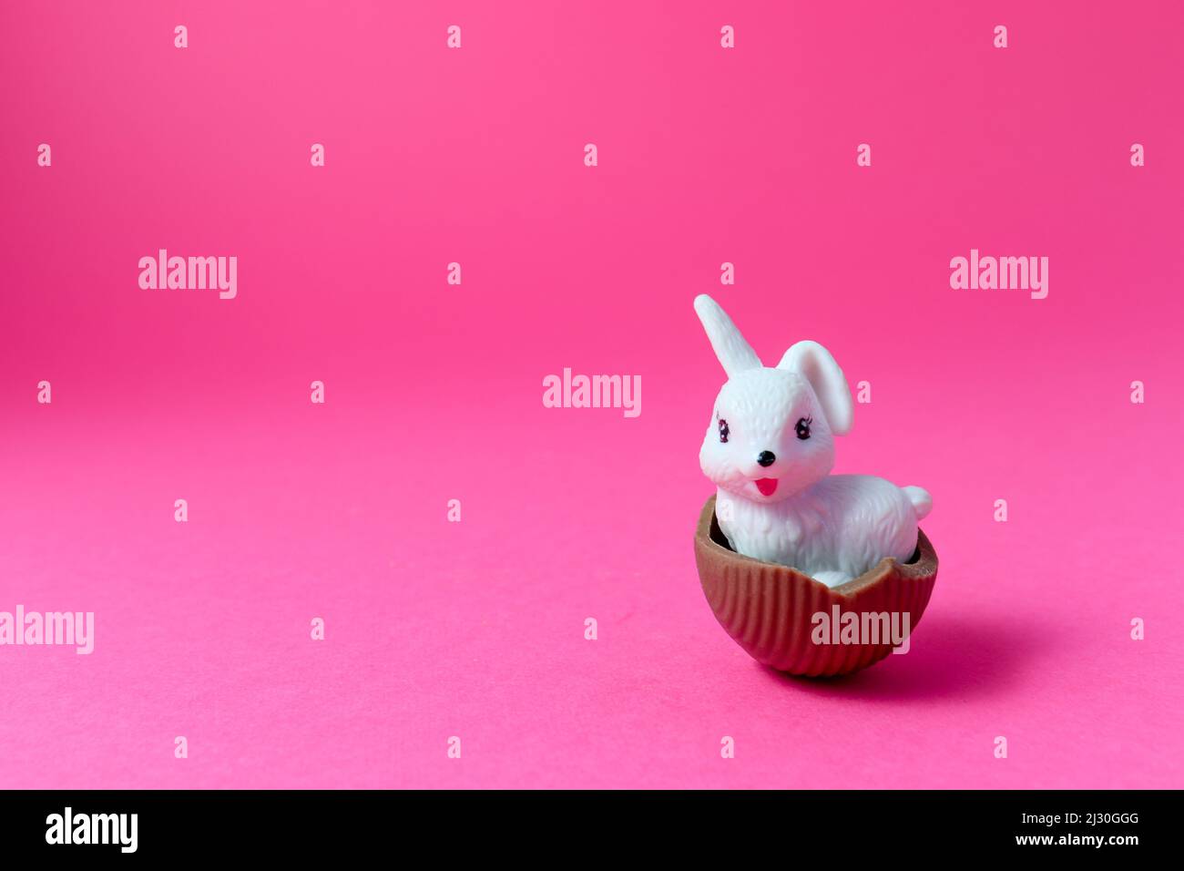 Easter white bunny in chocolate eggshell with pink background Easter Holiday Concept Stock Photo