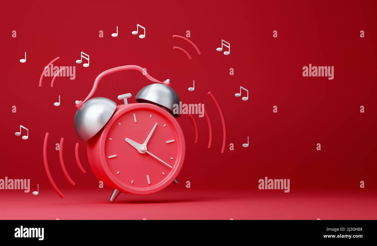 Red retro ringing alarm clock with sound waves on red background