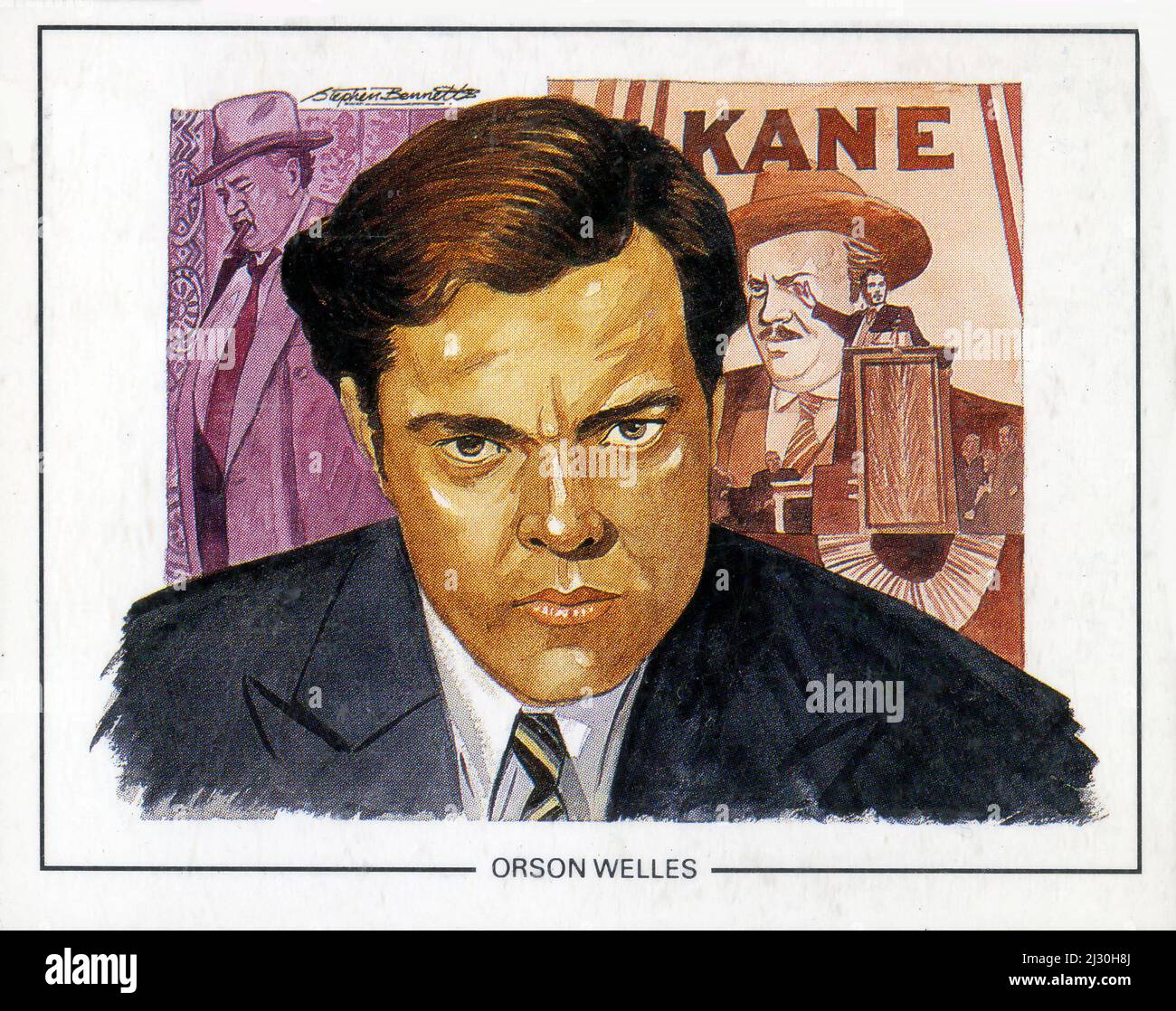 Collector's card depicting Orson Welles from a set entitled Famous Film Directors issued by Cecil Court Collectors Centre in England in 1992. Stock Photo