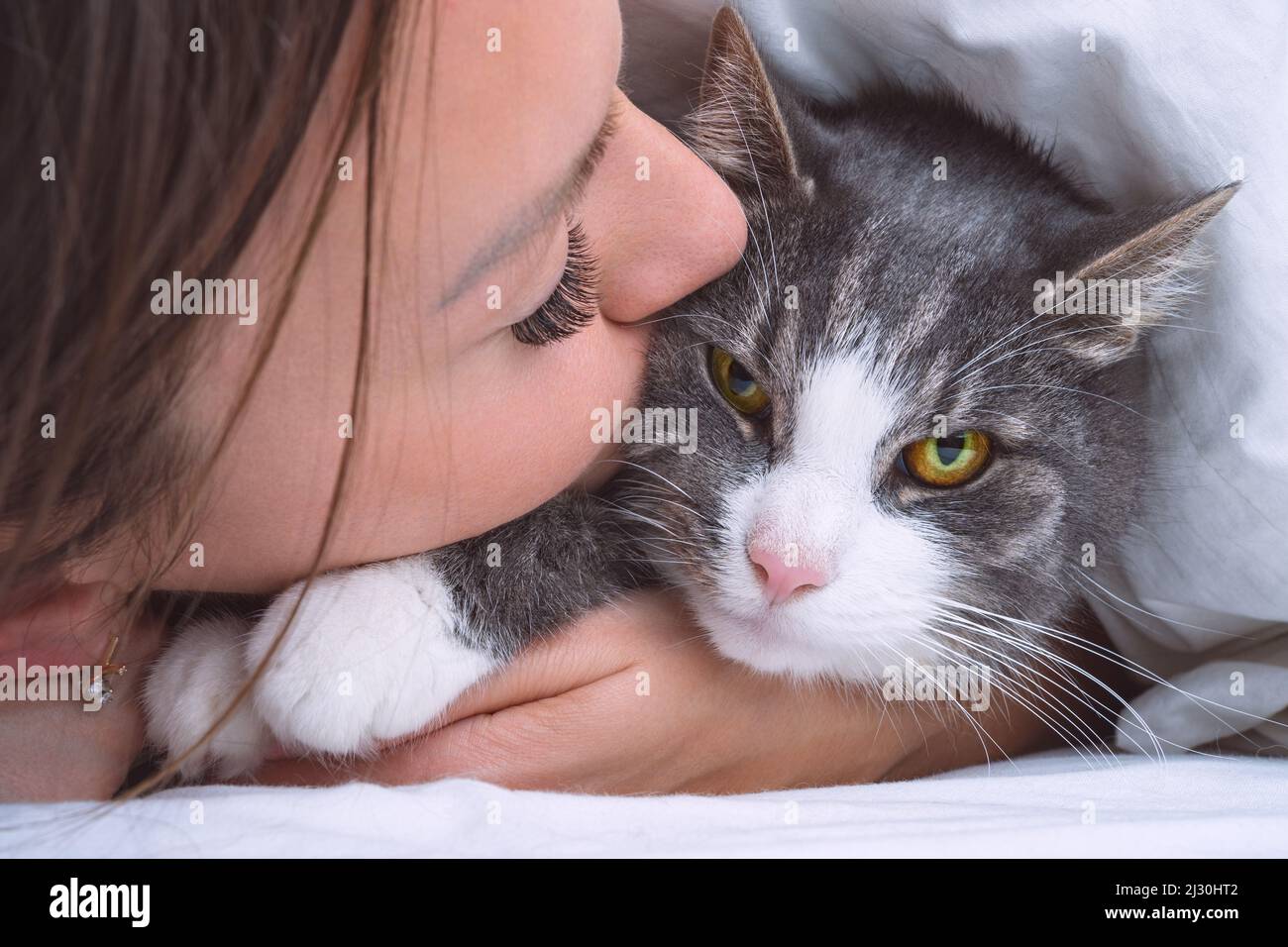 Beautiful woman kissing funny grumpy cat. People and pets love and friendship. Cat and owner together. Cat lover Stock Photo