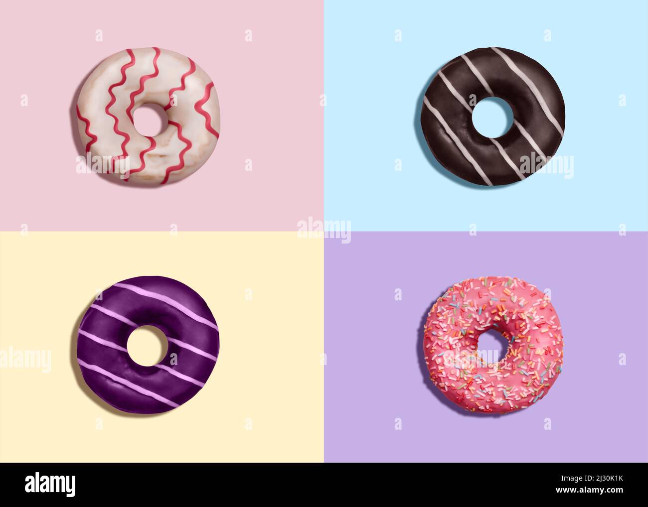 Various glazed doughnuts with sprinkles on colorful background Stock Photo