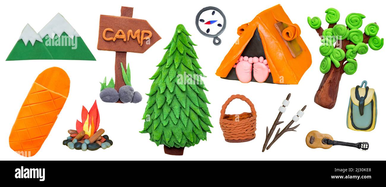 Set of ecotourism plasticine elements for camping: tent, backpack, bonfire, guitar, trees. The concept of ecological travel and tourism. Isolated on w Stock Photo