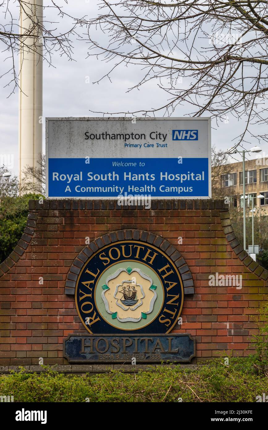 Entrance sign (19th century founded) to the Royal South Hants Hospital - Southampton City NHS Primary Care, Southampton, Hampshire, England, UK Stock Photo