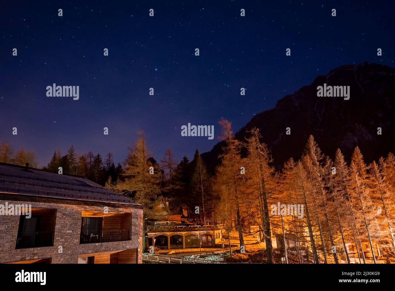 View of illuminated ski resort by pine trees and mountain during starry night Stock Photo