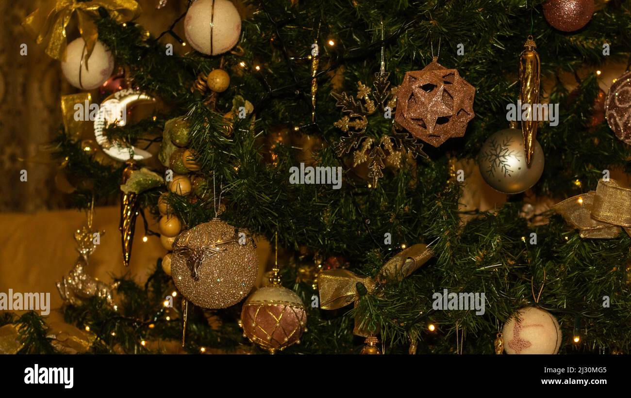 christmas celebration decoration, tree, balls and lights Stock Photo