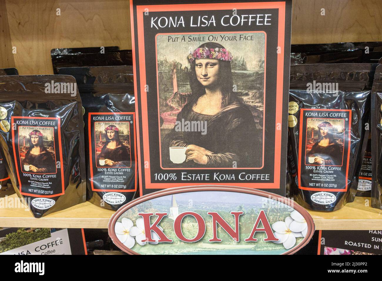 Honolulu Hawaii,Oahu,Hawaiian,Hilo Hattie,market selling store display sale Kona Lisa Coffee Stock Photo