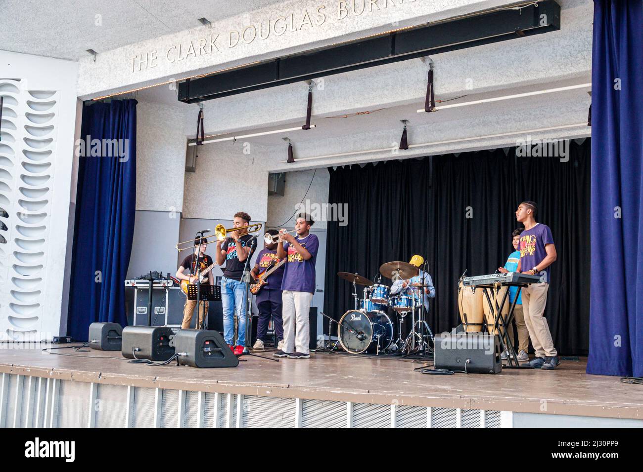 Miami Beach Florida,North Beach Bandshell,stage students boys teen teens teenagers Black Hispanic,jazz band musicians performing playing free concert Stock Photo