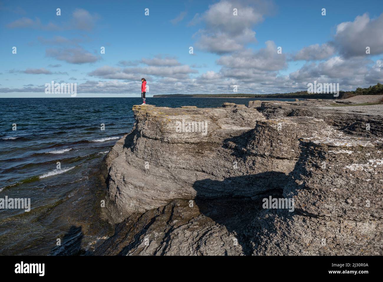 Frau an der Küste der Insel Öland auf Kalksteinfelsen in Schweden bei Sonne und blauem Himmel Stock Photo