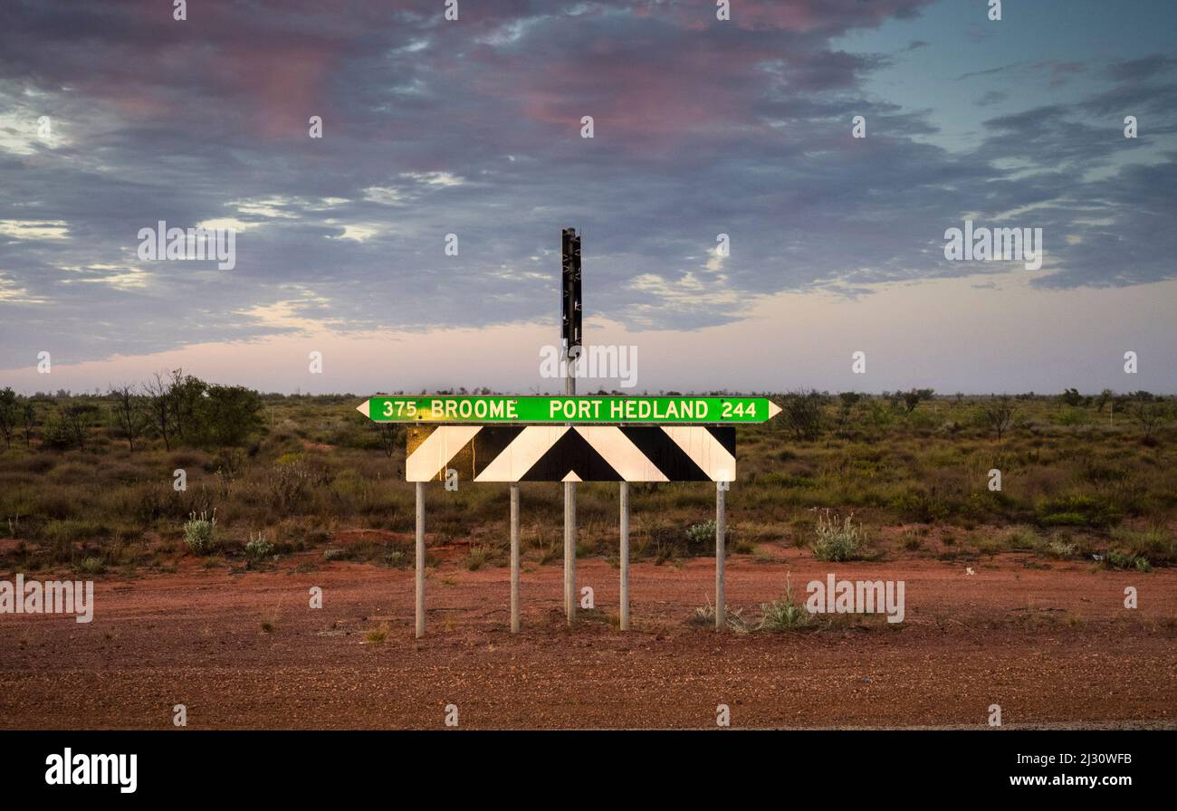 Distance sign on the Great Northern Highway in the Great Sandy Desert at the turnoff to 80 Mile Beach. Stock Photo