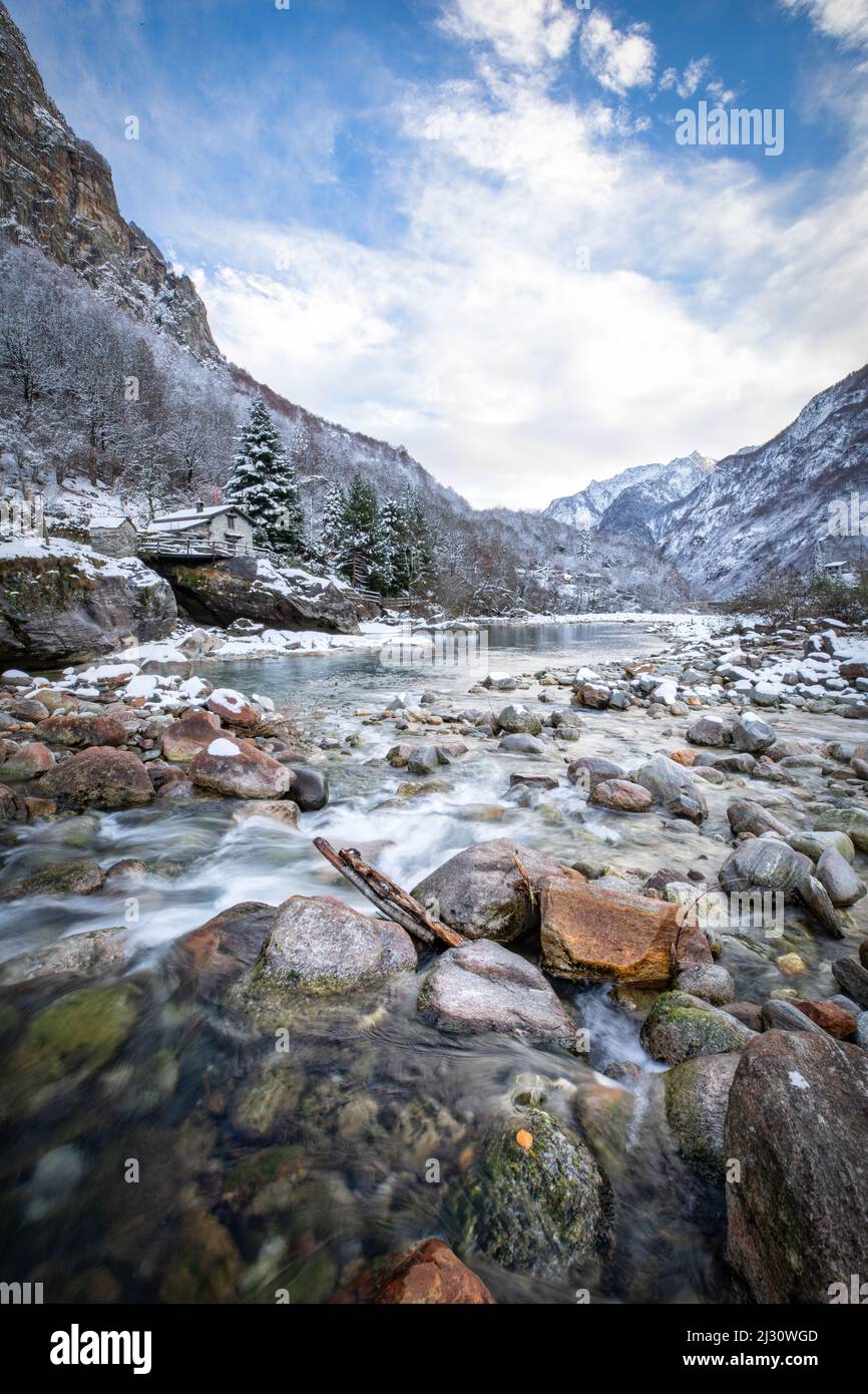 Dreamlike winter landscape in Val Verzasca, Brione, Ticino, Switzerland, Europe Stock Photo