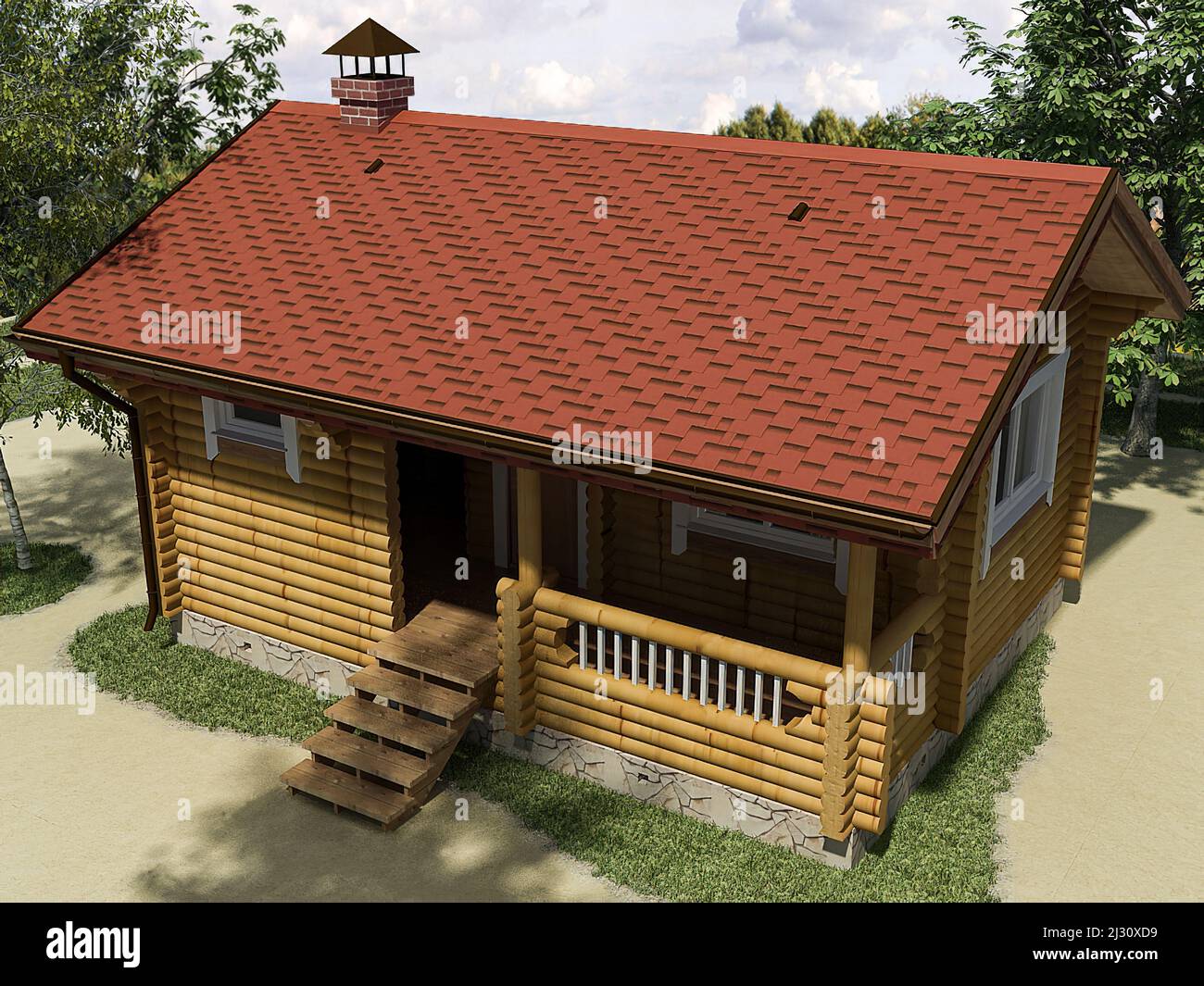 3d render of an architectural project of a wooden house from a log house in  the forest Stock Photo - Alamy, image size:1300x1065