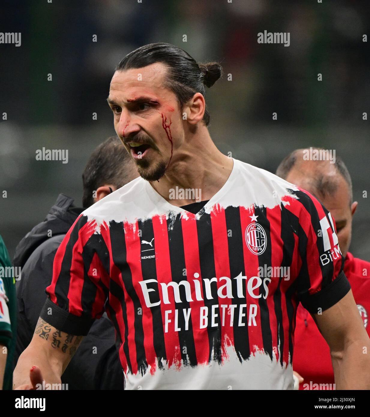 Milan, Italy. 4th Apr, 2022. AC Milan's Zlatan Ibrahimovic is injured during a Serie A football match between AC Milan and Bologna in Milan, Italy, on April 4, 2022. Credit: Alberto Lingria/Xinhua/Alamy Live News Stock Photo