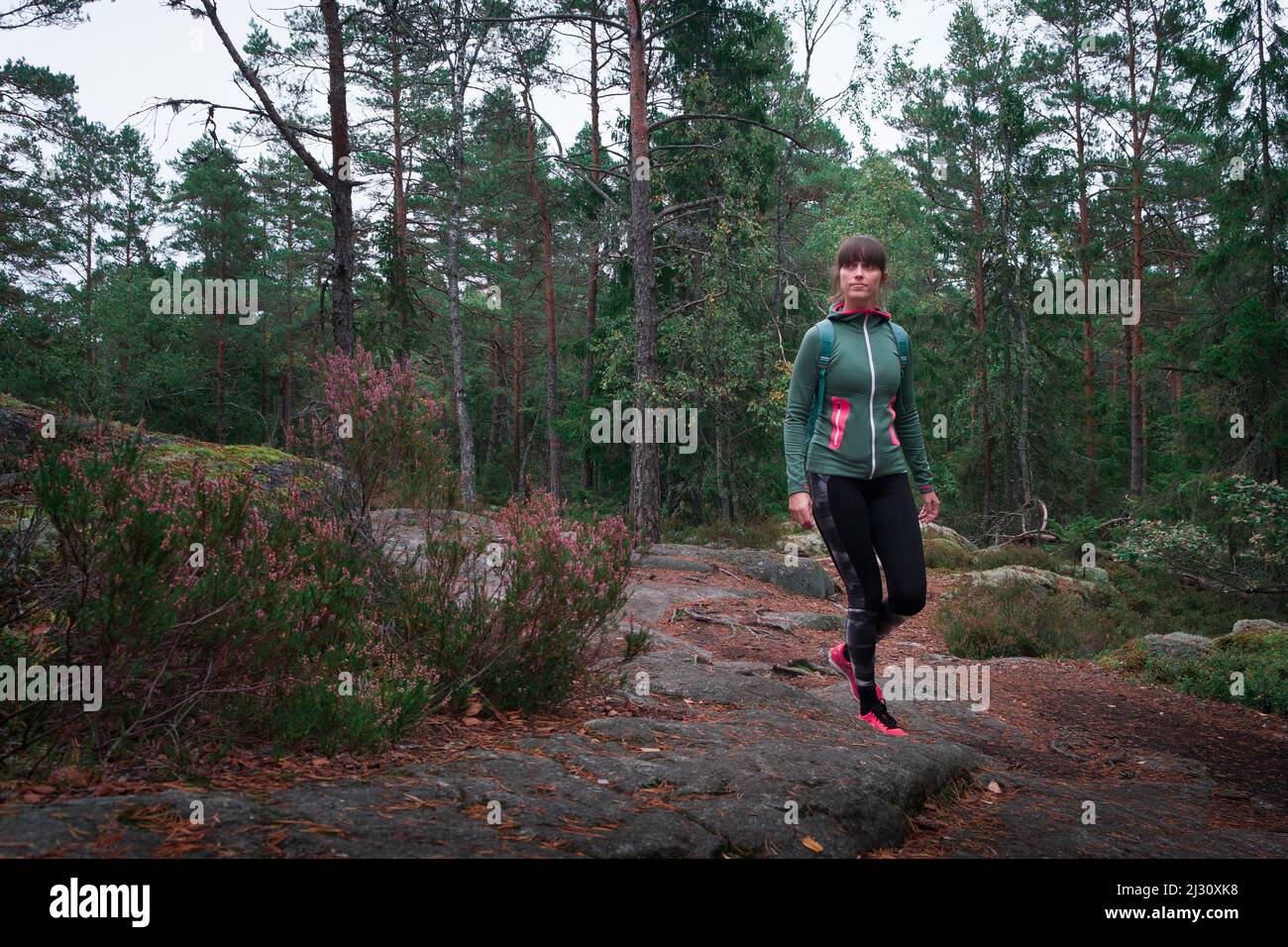 Woman hiking through forest in Tyresta National Park in Sweden Stock Photo