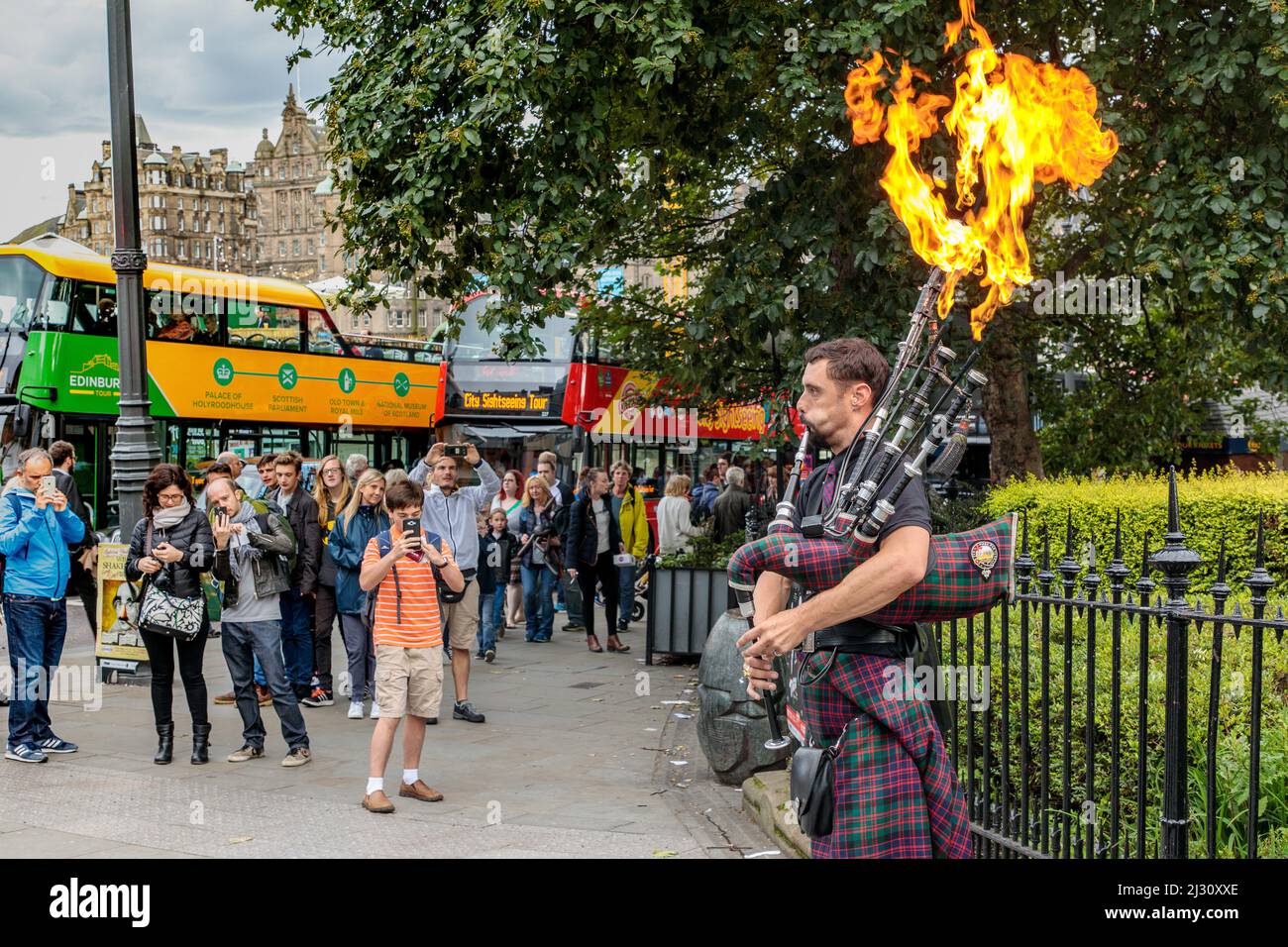Bagpiper, Bagpipes Spitting Fire, Fringe Festival, Edinburgh, Scotland