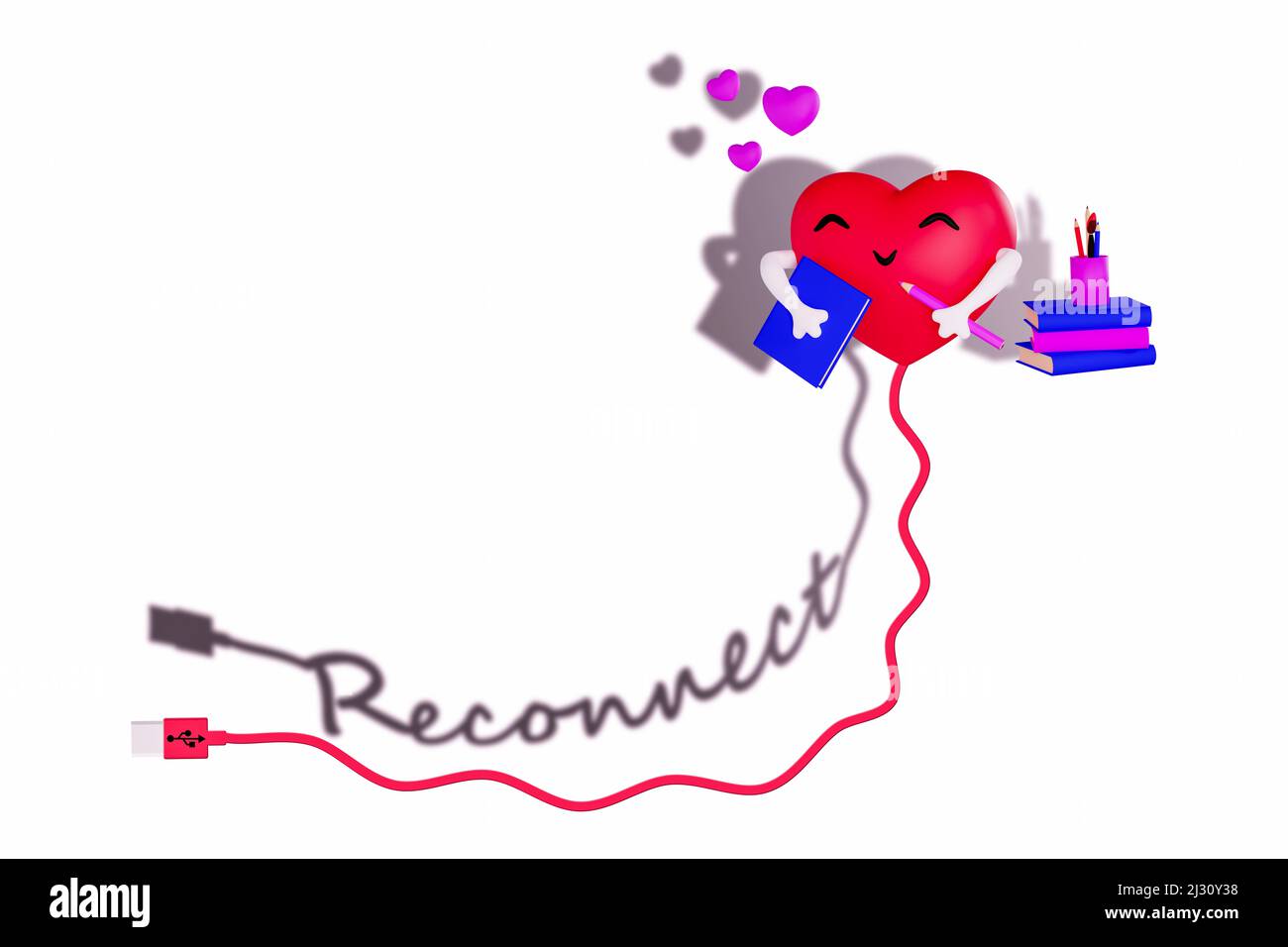 Reconnect to love yourself, digital detox, heart enjoying books and art, 3D illustration Stock Photo