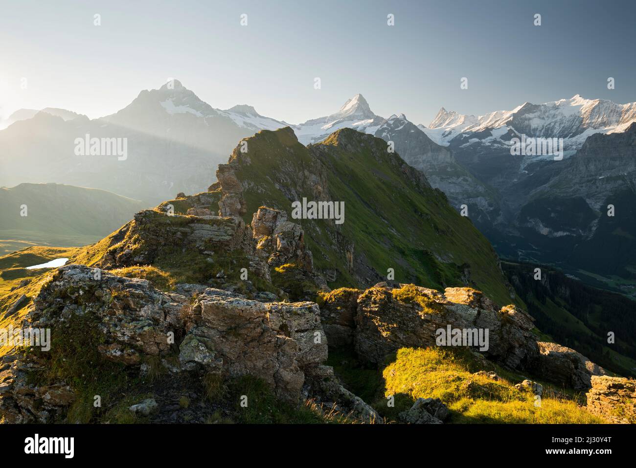 Peaks, Wetterhorn, Schreckhorn, Grindelwald, Bernese Oberland, Switzerland Stock Photo