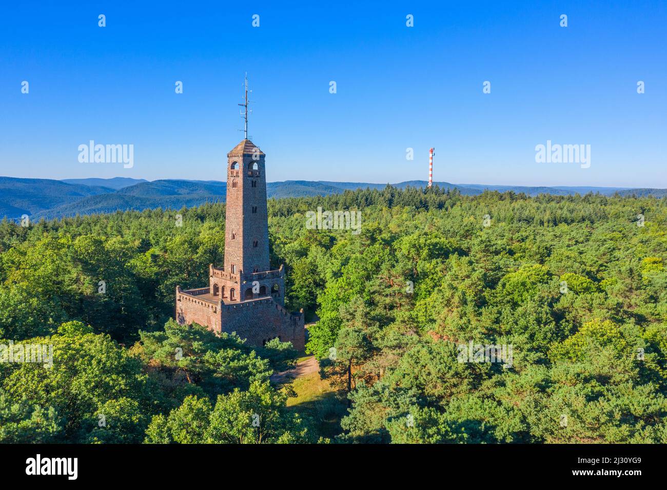 Aerial view of the Bismarck Tower from Kallstadt, Palatinate Wine Route, Bad Durkheim, Rhineland-Palatinate, Germany Stock Photo
