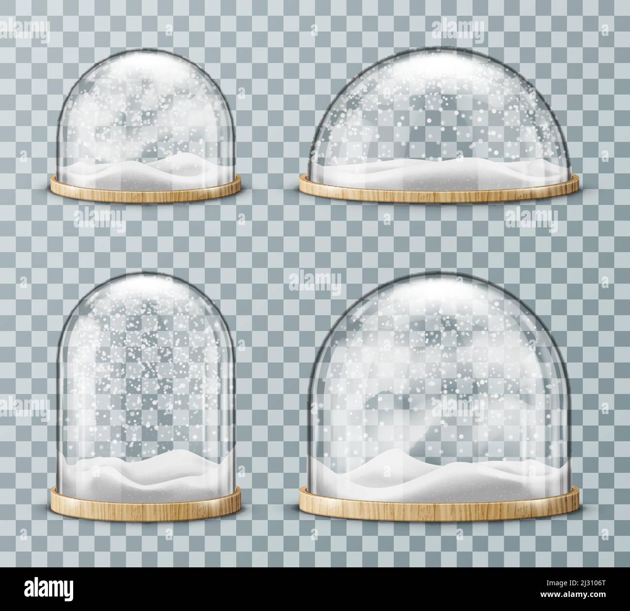 Glass dome with snow realistic vector. Glass round dome of various shapes with light wood plate and white falling snowflakes, isolated on transparent Stock Vector
