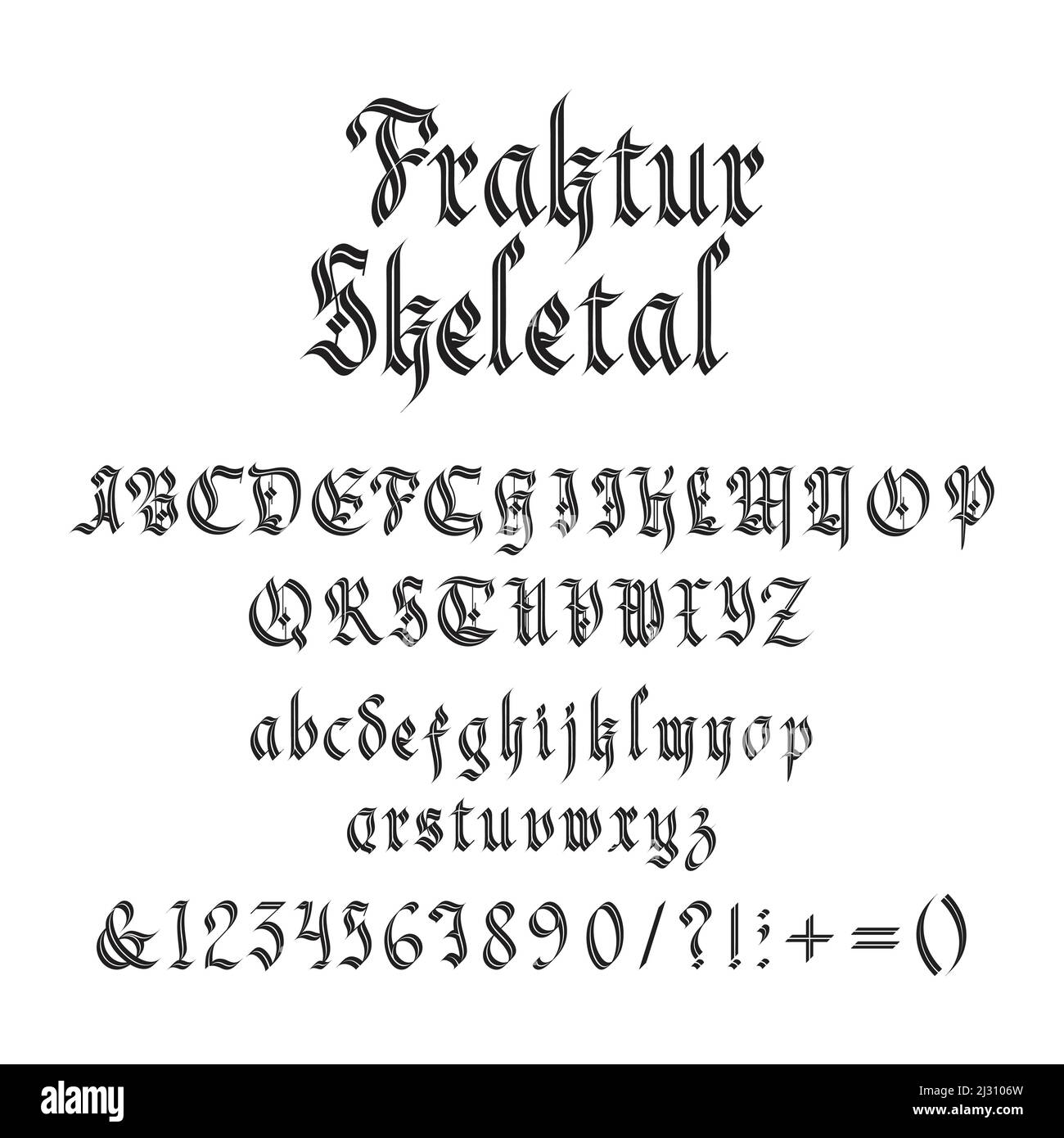 Vintage gothic font vector illustration. Set of unique decorative black capitals and lowercase calligraphic alphabet letters, numbers, symbols and sig Stock Vector