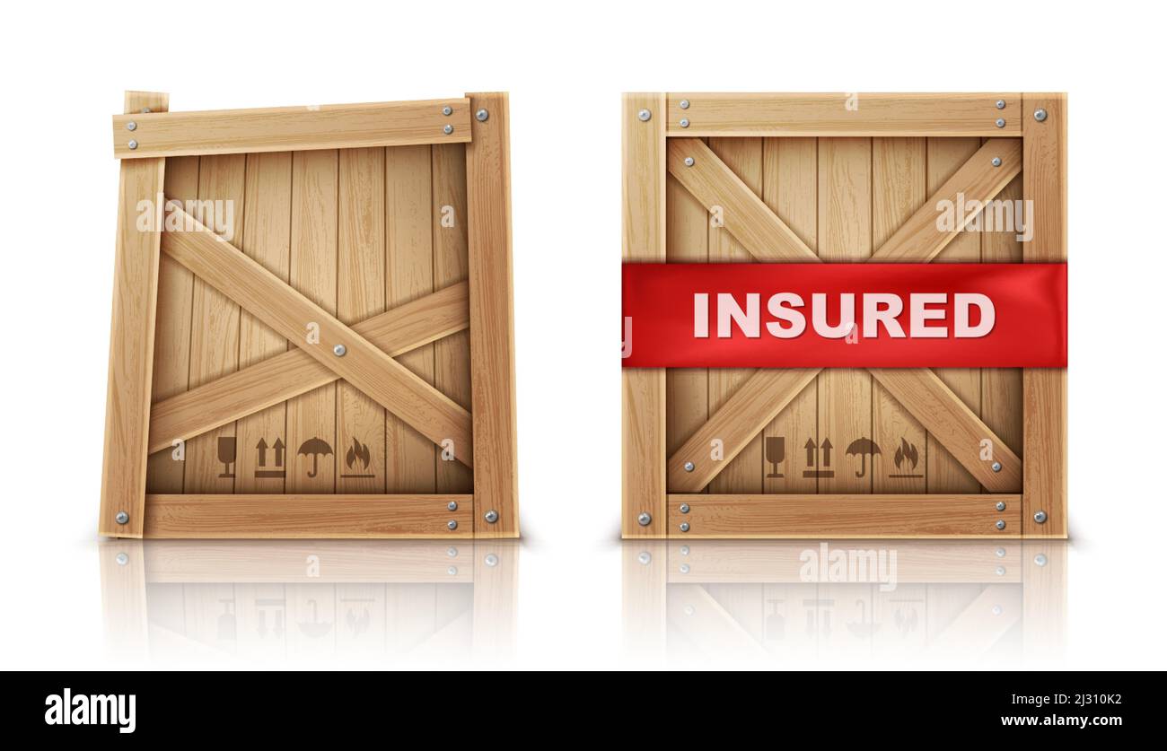 Wooden box closed by metal nails, damaged and with insurance realistic vector illustration Wooden cargo box, broken or cracked package and parcel with Stock Vector