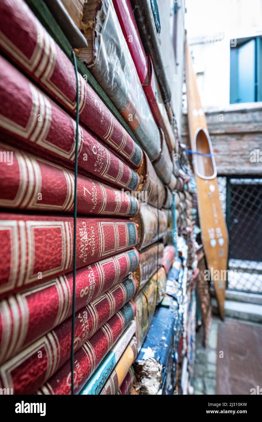 View of the old books in the Libreria Aqua Alta in Venice, Veneto, Italy, Europe Stock Photo
