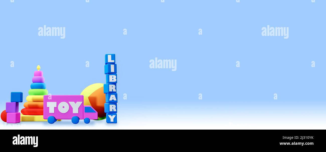 Toy Library banner heading toys with stacker and balls, community sharing of toys,  3D illustration Stock Photo