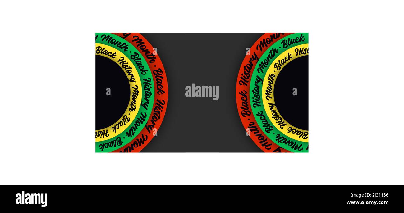 Black History Month lettering on circles on black background. Abstract color red, yellow, green circle color banner. Copy space for text. Concept Cult Stock Vector