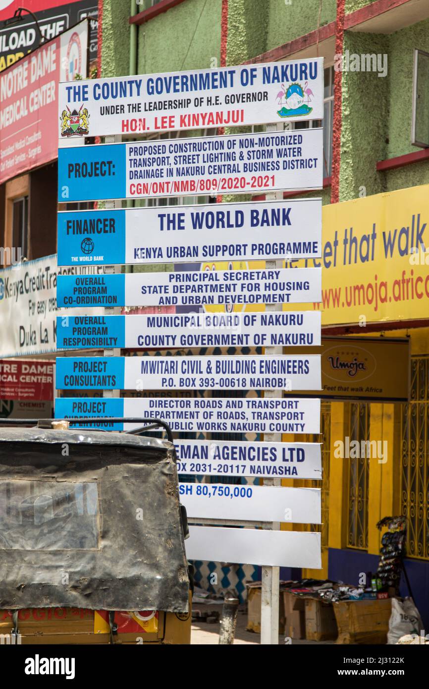 Nakuru, Kenya. 03rd Apr, 2022. General view of a construction signboard for a non-motorized infrastructure project in the Central Business District. Since Nakuru was awarded city charter late last year, the town has seen a major non-motorized infrastructure development to ease walking and cycling environment for city dwellers. The project is financed by the World Bank. (Photo by James Wakibia/SOPA Images/Sipa USA) Credit: Sipa USA/Alamy Live News Stock Photo